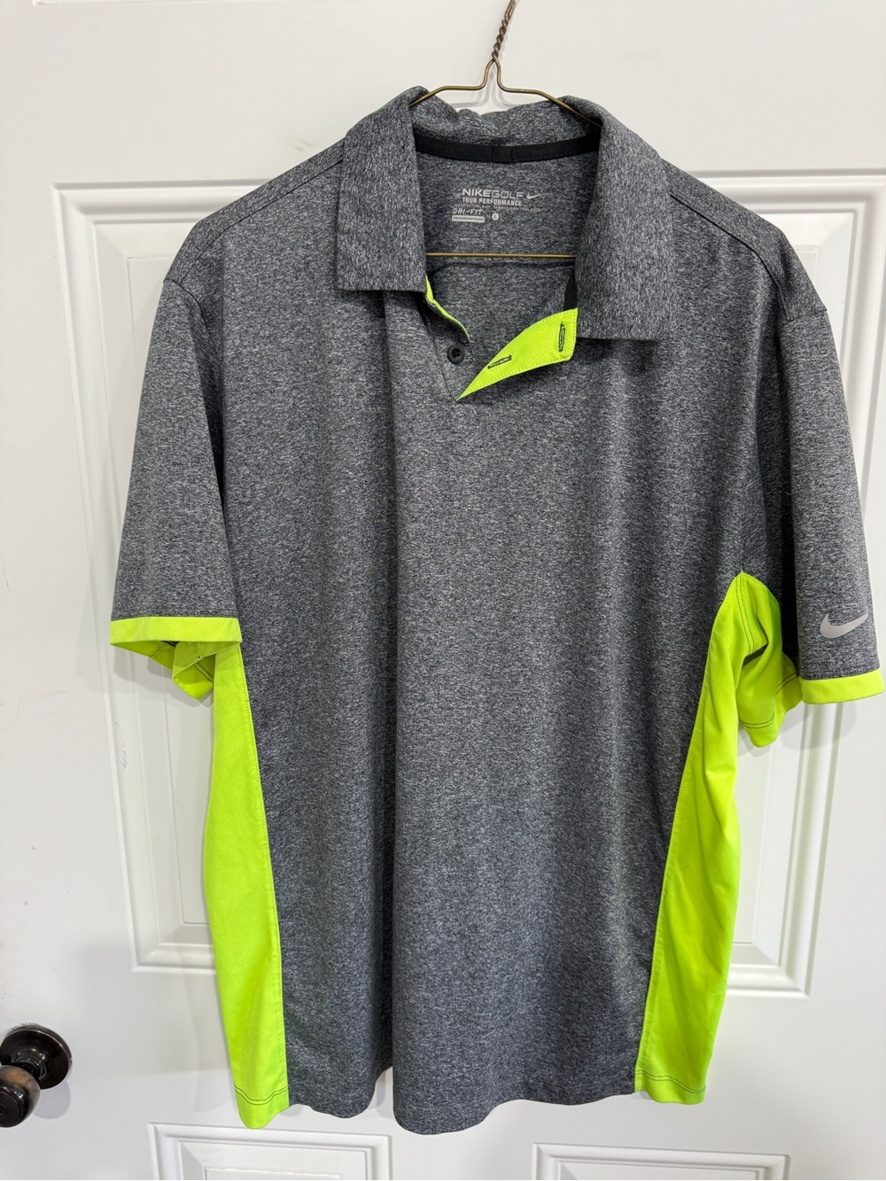Nike Men's Heather Gray Golf Polo with Neon Yellow Accents. Size Large
